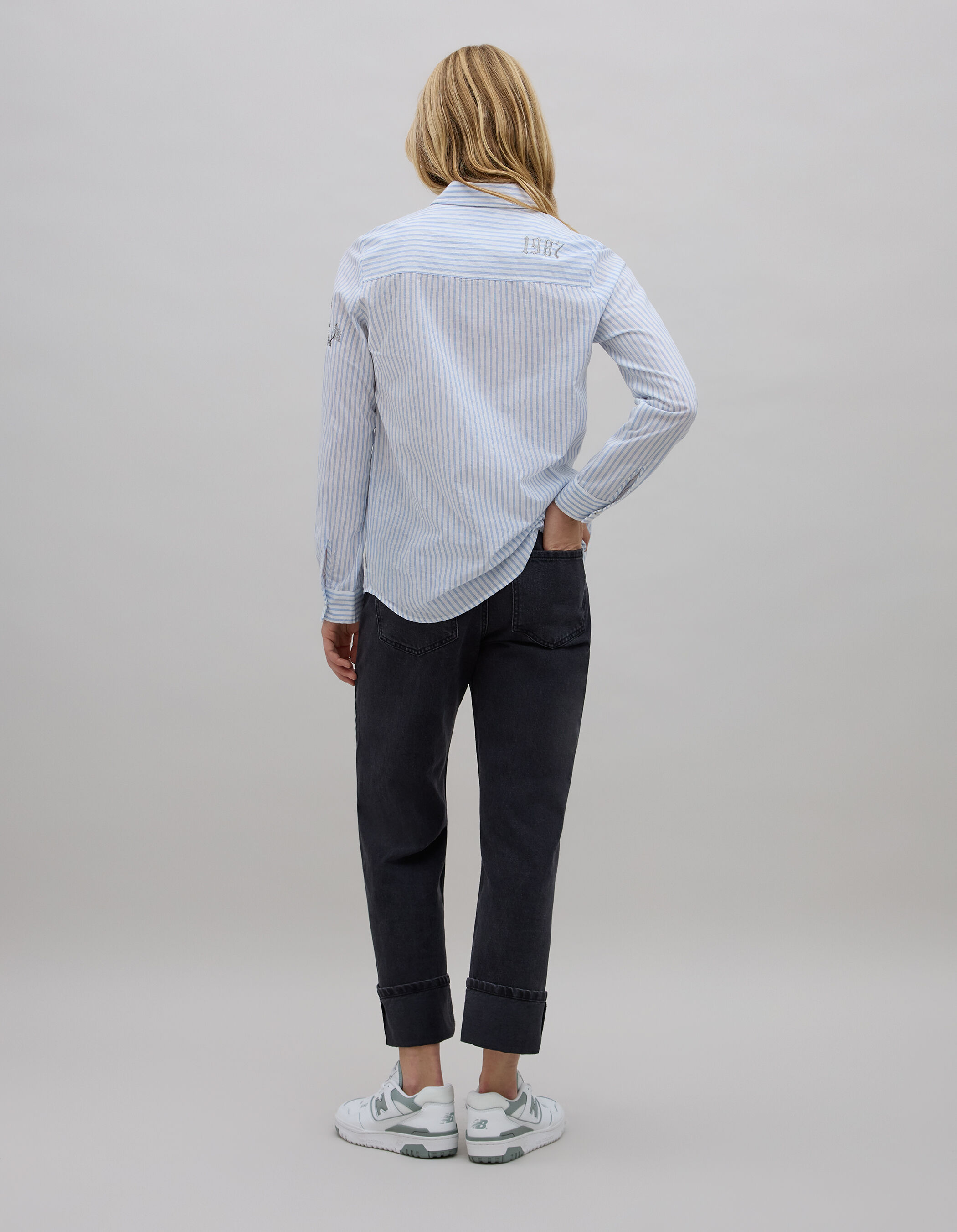 Women's blue metallic striped shirt with embroidery IKKS