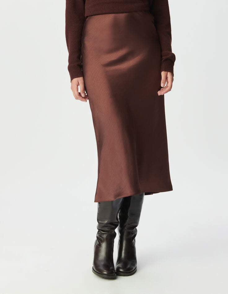 Jupe midi marron satiné Femme-2