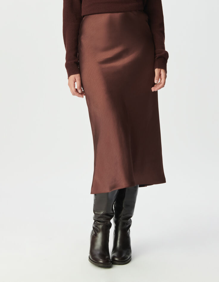 Jupe midi marron satiné Femme-2 Jupe midi marron satiné Femme-2
