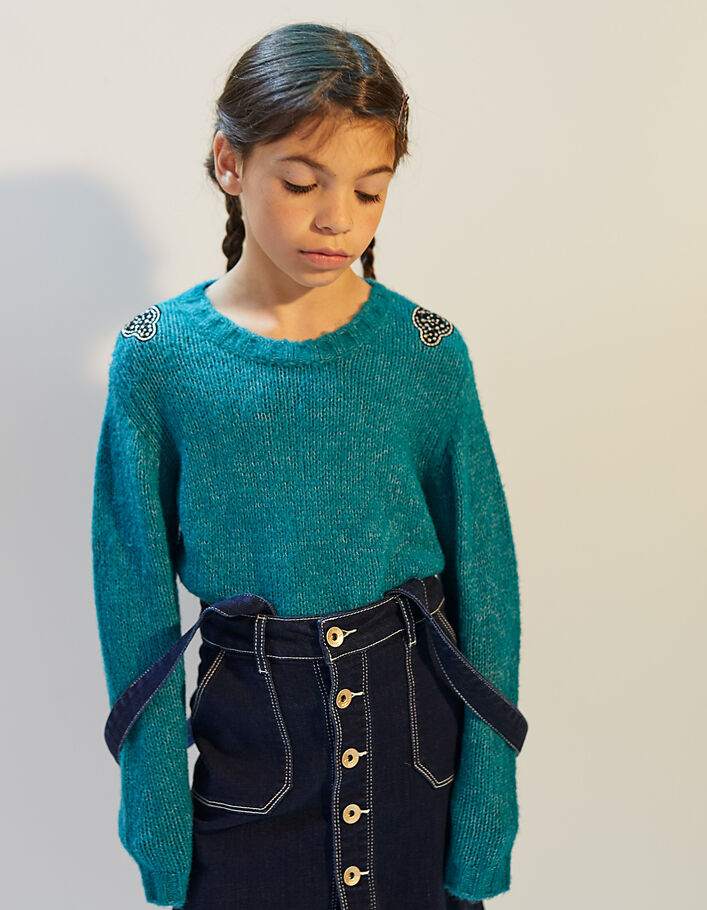 Girls’ teal blue embroidered shoulder patch knit sweater