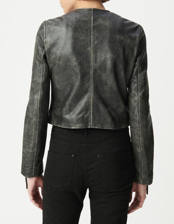 Schwarze Bikerjacke aus gewaschenem Leder mit Rei&szlig;verschlusstaschen Damen-3