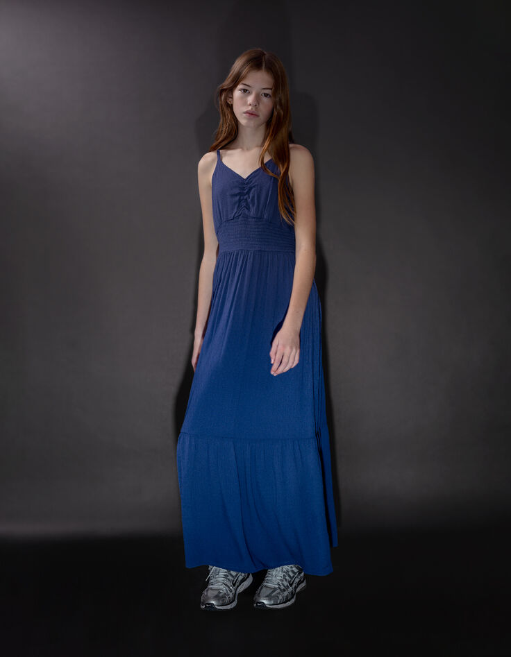 Robe longue bleue jacquard motif plumetis fille-3