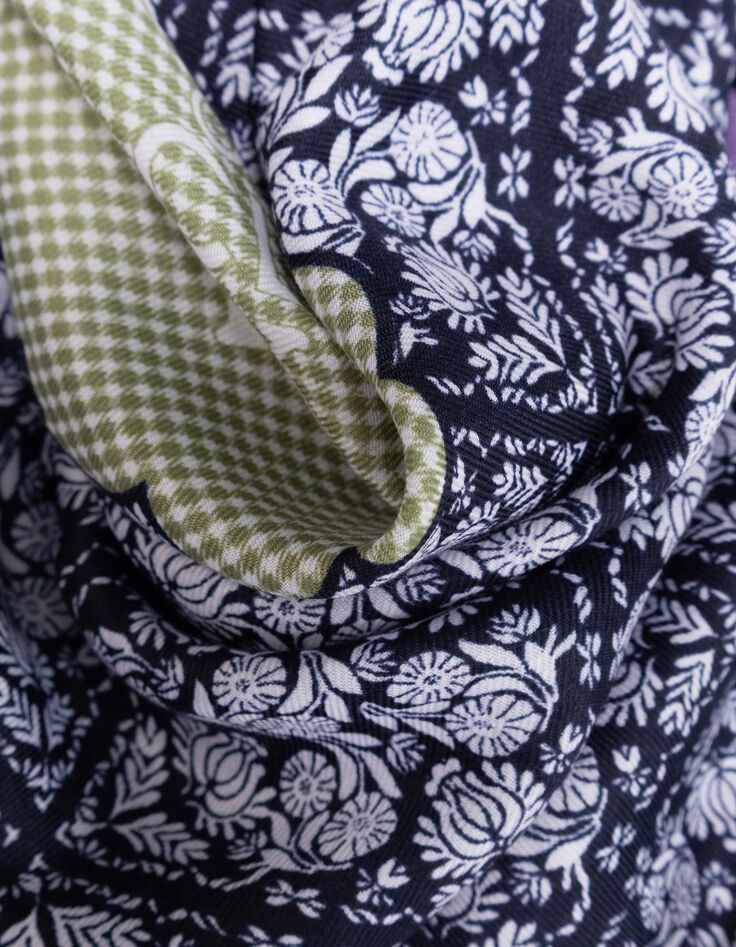 Foulard carr&eacute; marine imprim&eacute; floral et coeur vichy fille-6