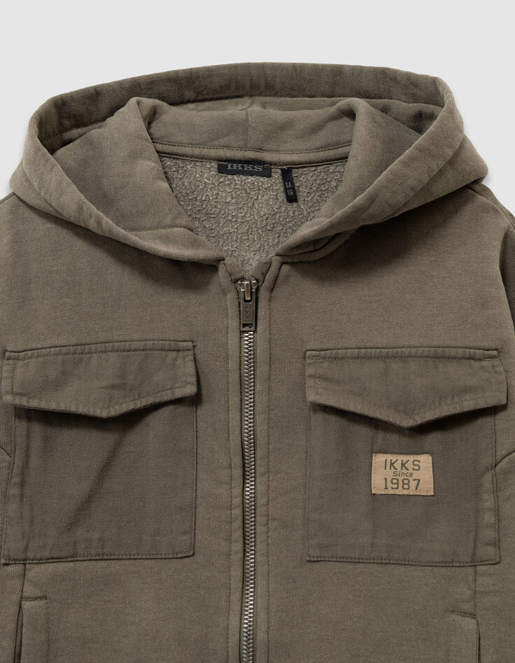 Cardigan à capuche zippé kaki poches bi-matières garçon-6 Cardigan à capuche zippé kaki poches bi-matières garçon-6