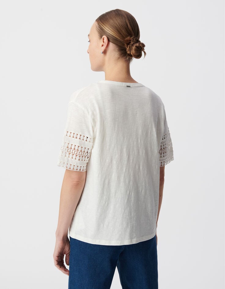 White crew neck T-shirt with lace sleeves-3 White crew neck T-shirt with lace sleeves-3