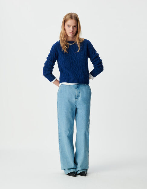Blauer Damen-Kurzstrickpulli aus 100 % Wolle Punkte - IKKS