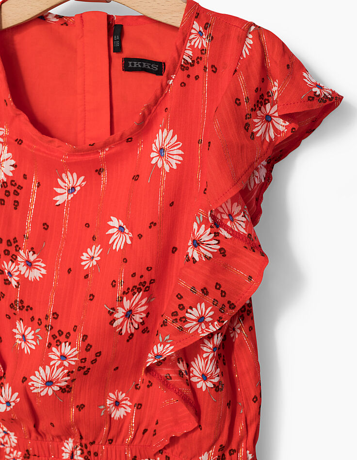Robe orange foncé imprimé fleurs fille-2