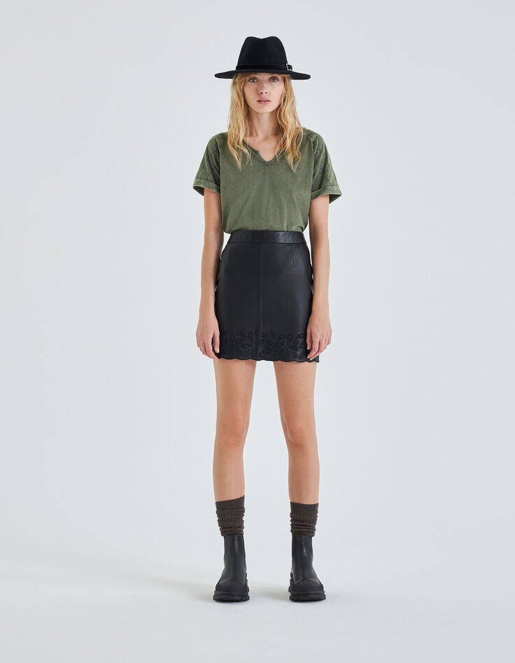Women's khaki quilted-sleeve T-shirt-7 Women's khaki quilted-sleeve T-shirt-7