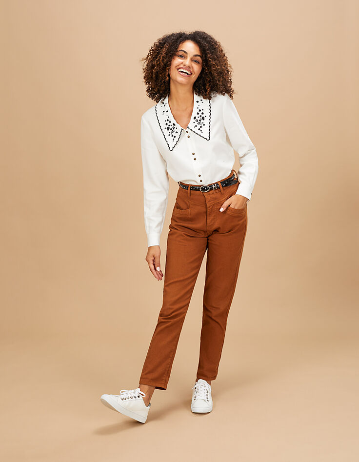 Cremeweiße Bluse mit großem, schwarzem Kragen I.Code-6