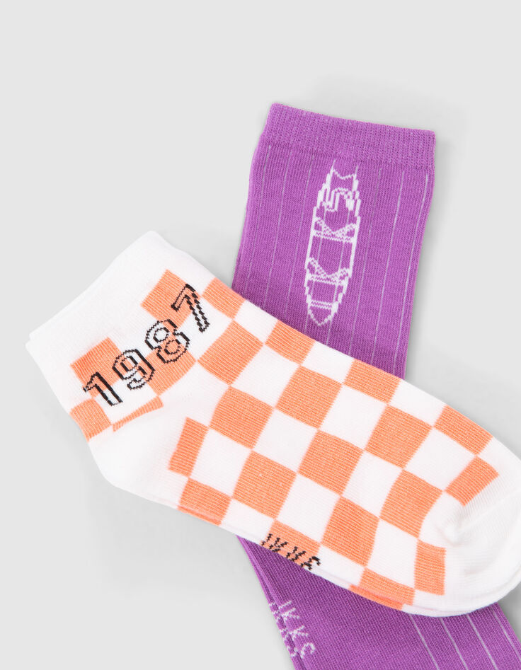 Calcetines naranja damero y violeta niño-4