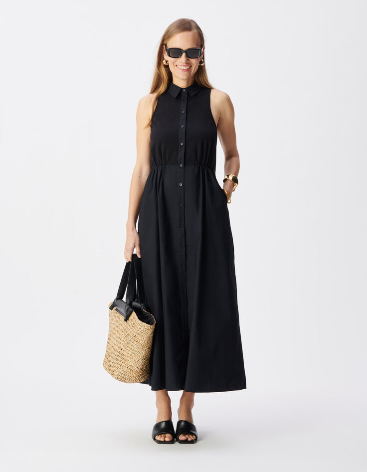 Zwarte maxi-jurk van bi-materiaal met knoopsluiting Dames-1