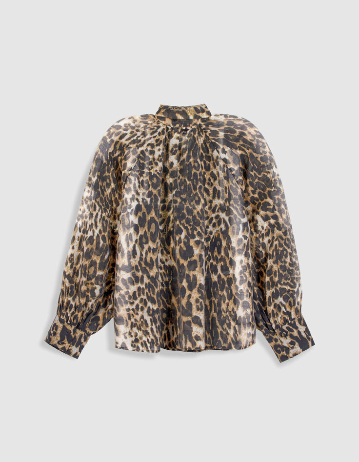 Blouse marron col lavalli&egrave;re motif l&eacute;opard Femme-7