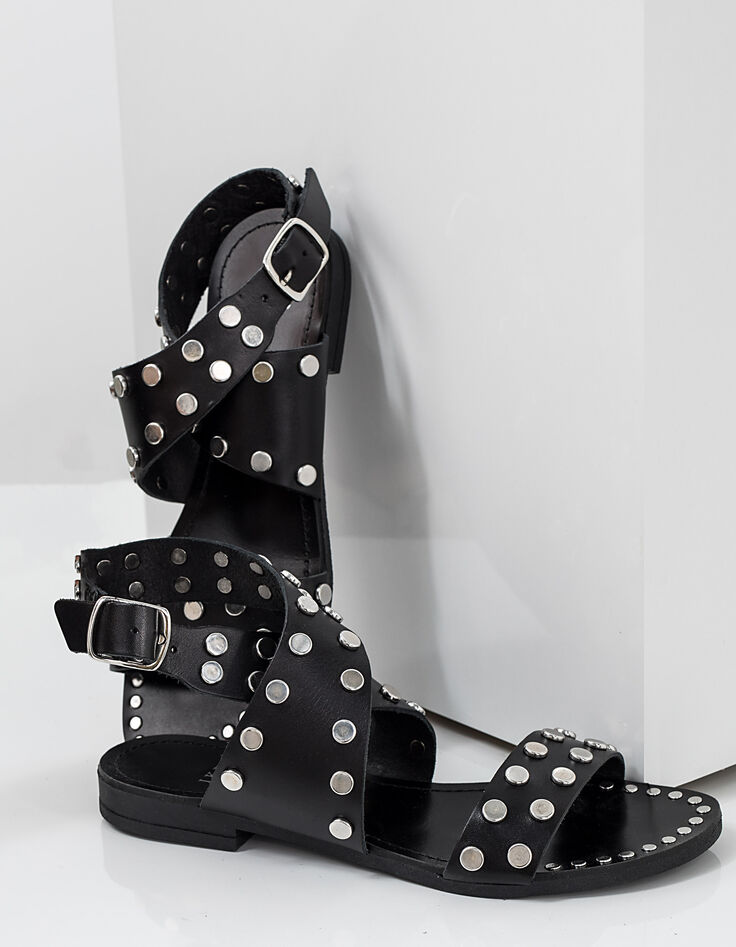 Women's black studded flat leather sandals-4
