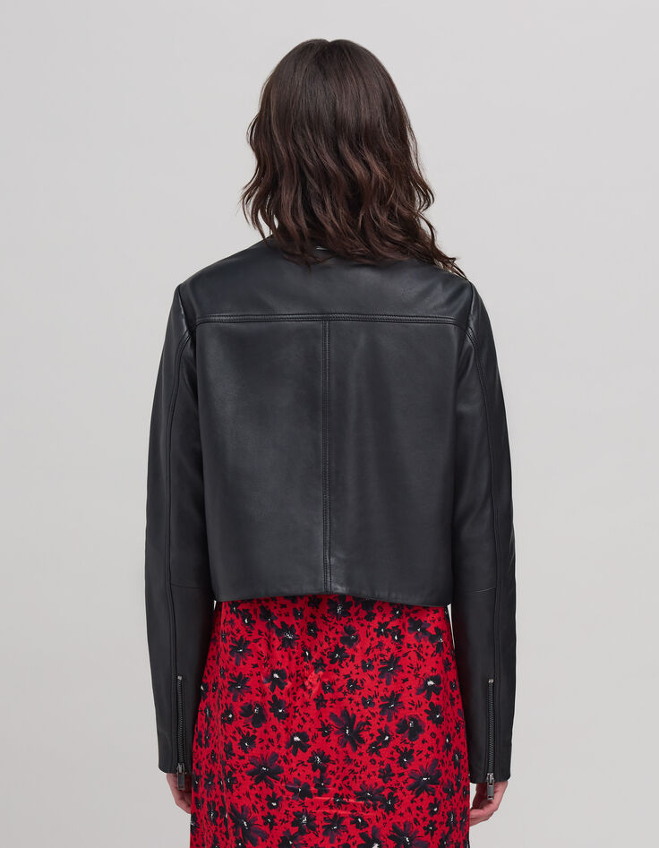 Bomber de piel negra recortada para mujer-3