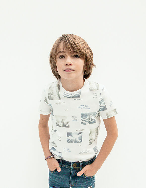 Boys’ off-white organic cotton T-shirt with city images