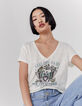 Tee-shirt écru en lin col V visuel message cœur ailé femme-1