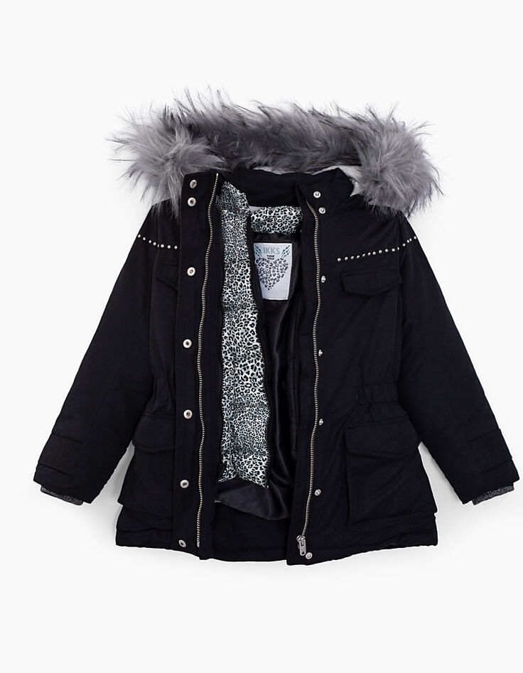 Parka 3 en 1 noire avec doudoune imprimé léopard fille-4