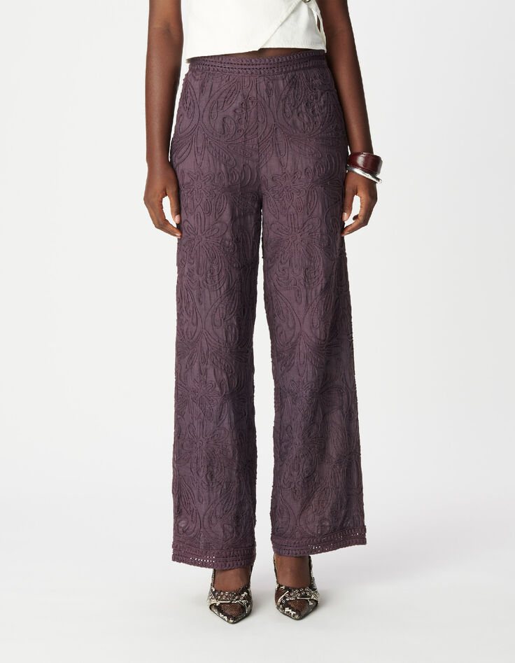 Pantalon large bordeaux motifs brod&eacute;s crochet Femme-2