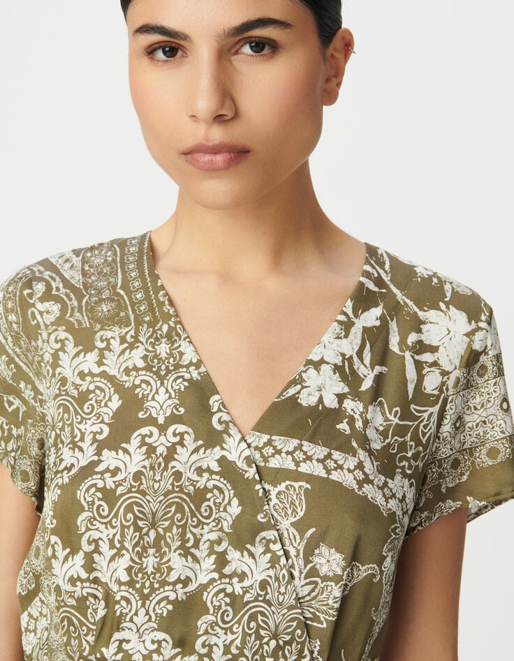 Robe fluide kaki imprimé foulard Femme-5