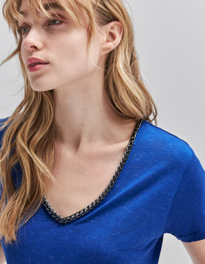 Kobaltblaues Damen-T-Shirt Lurex Zierketten am Ausschnitt - IKKS