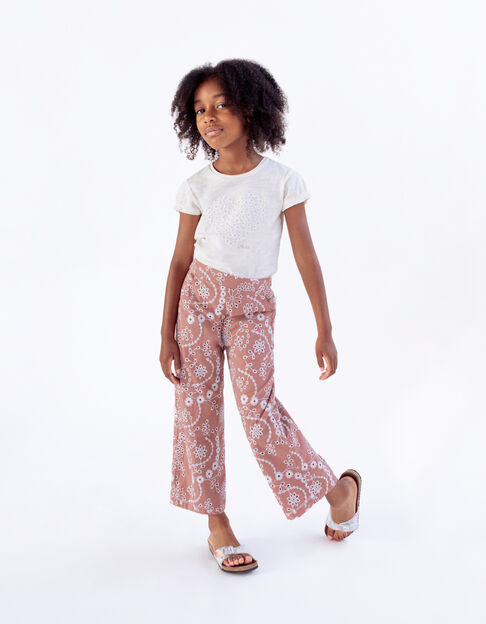 Pantalón rosa antiguo algodón bordados flores niña - IKKS