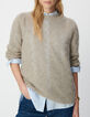 Beige gebreide trui gemengd mohair fantasiekabels Dames-4