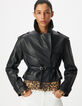 Veste cuir noir bavolet et poche biais Femme-6