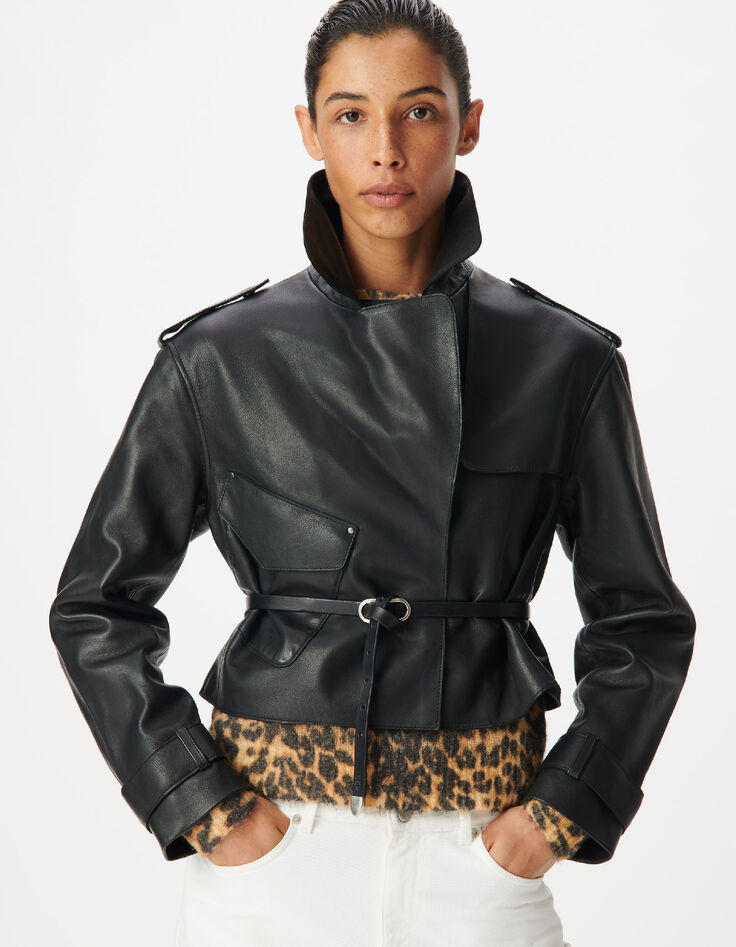 Veste cuir noir bavolet et poche biais Femme-6