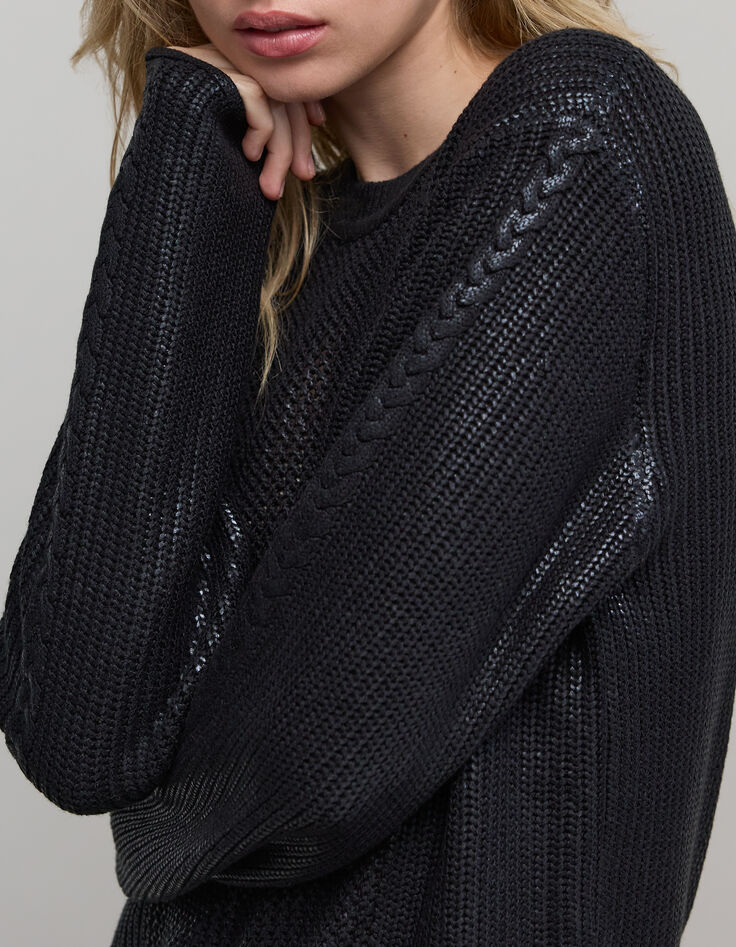 Women's black openwork knit sweater-4