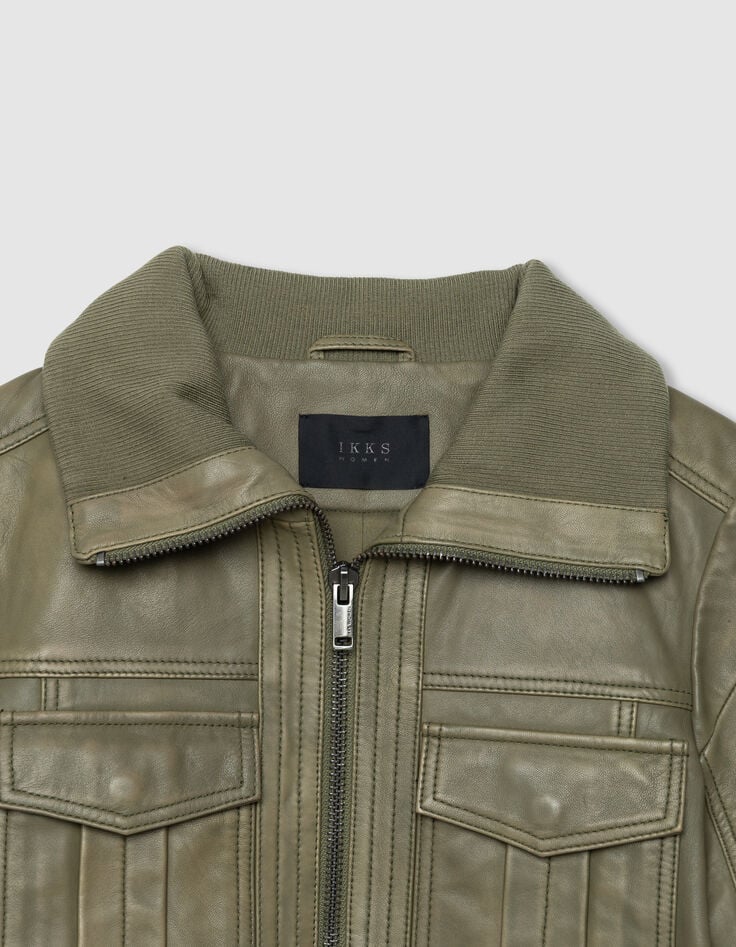 Khaki kurze verwaschene Damenlederjacke-2