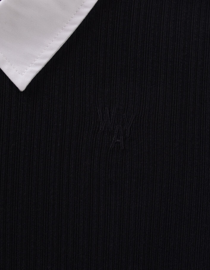 Girls’ black ribbed shirt collar T-shirt-5