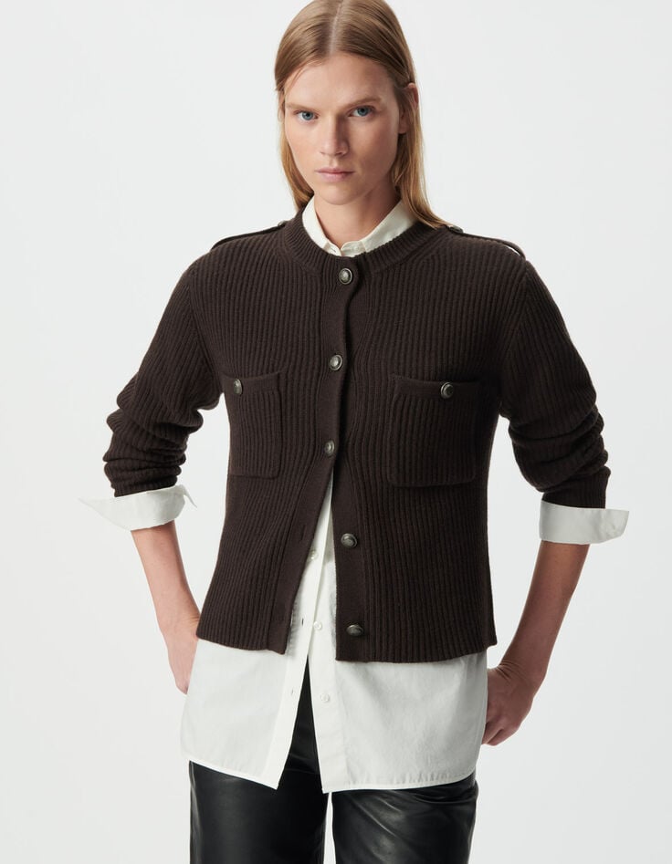 Braune Damen-Kurzstrickjacke 100 % Rippwolle-5 Braune Damen-Kurzstrickjacke 100 % Rippwolle-5