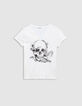Tee-shirt col V blanc coton bio visuel tête de mort Femme-5