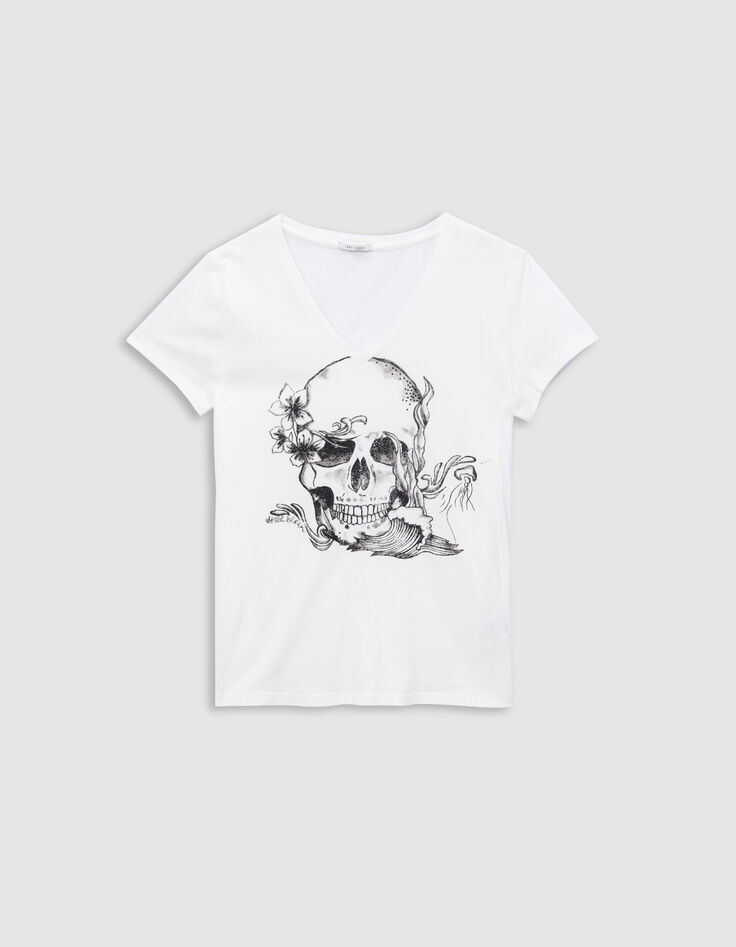 Tee-shirt col V blanc coton bio visuel tête de mort Femme-5