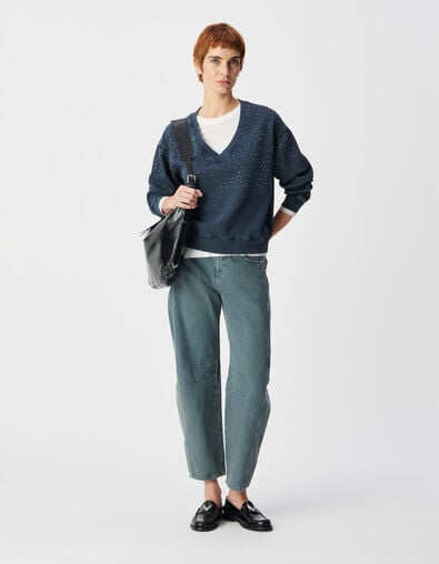 Mujer de algod&oacute;n org&aacute;nico azul marino de diamantes de imitaci&oacute;n su&eacute;ter con cuello en V - IKKS