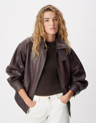 Oversized bordeauxrode leren bomber voor dames