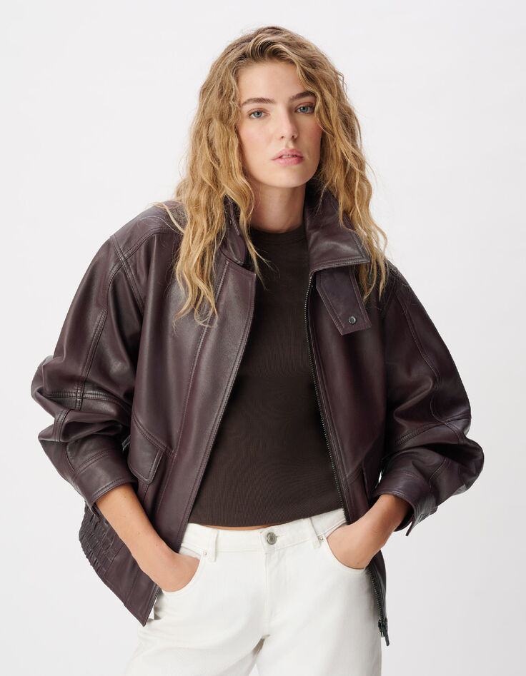 Bomber cuir bordeaux oversize Femme-1