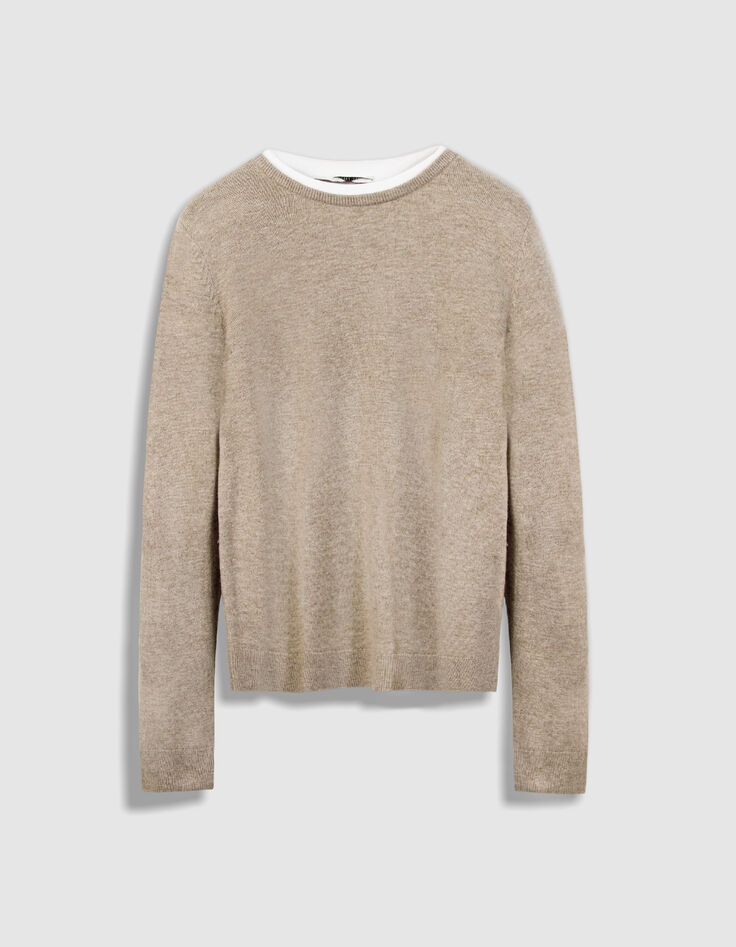 Mujer jersey de punto de lana beige con cuello trampantojo-6