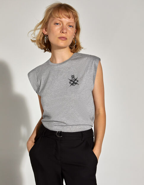 Camiseta gris algodón y modal bordado pecho rock mujer