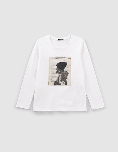 T-shirt blanc cassé coton bio visuel fille à bonnet - IKKS