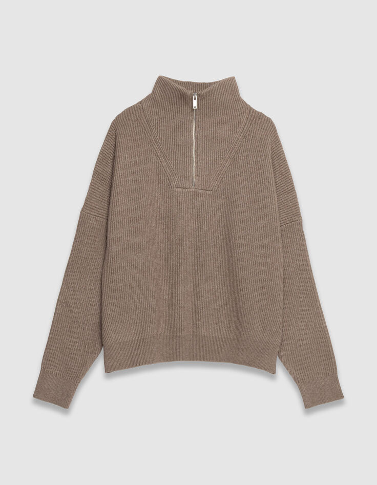 Beiger Damenpullover Rippstrick Troyerkragen-5