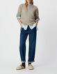 Beige gebreide trui gemengd mohair fantasiekabels Dames-1