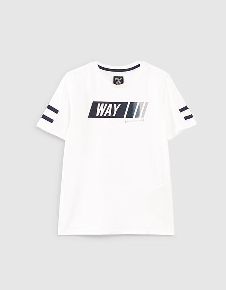 Boys’ white organic T-shirt with navy striped sleeves