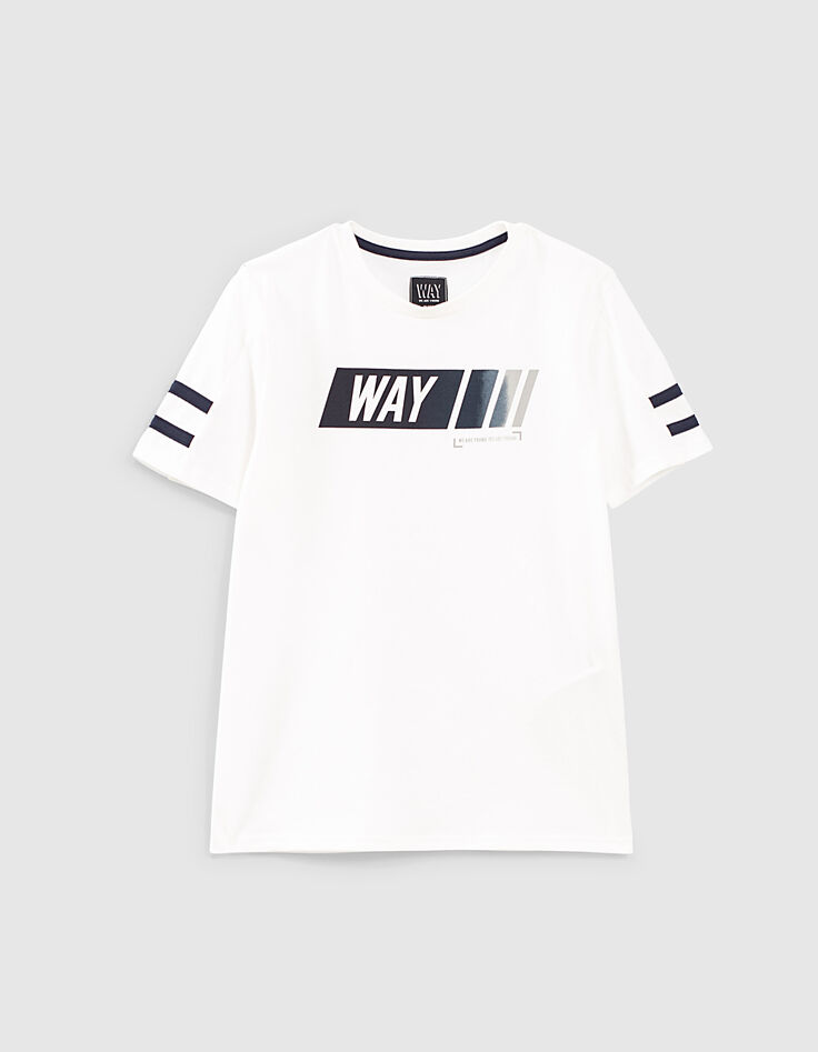 Weißes Jungen-T-Shirt mit marineblau gestreiften Ärmeln-1 Weißes Jungen-T-Shirt mit marineblau gestreiften Ärmeln-1