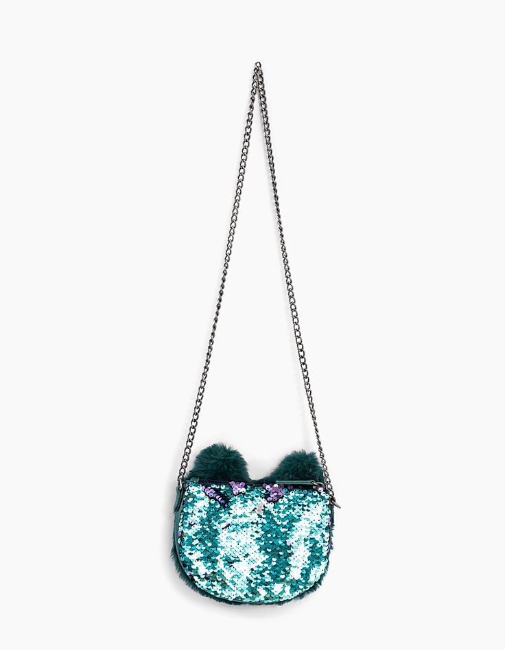 Entenblaue M&auml;dchenhandtasche aus Mischgewebe mit Katze-3