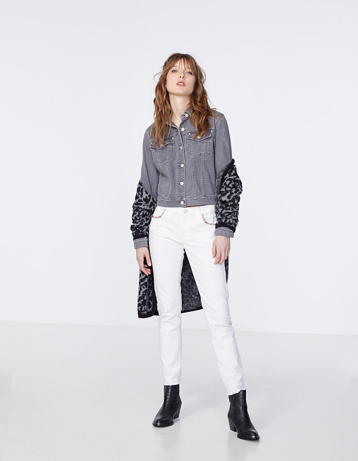 Veste courte en jean gris broderie dos femme-5