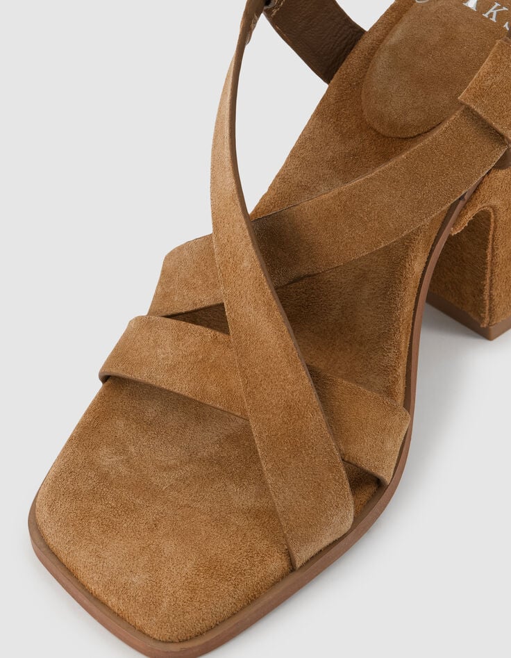 Sandales &agrave; talon taupe fonc&eacute; cuir velours Femme-4
