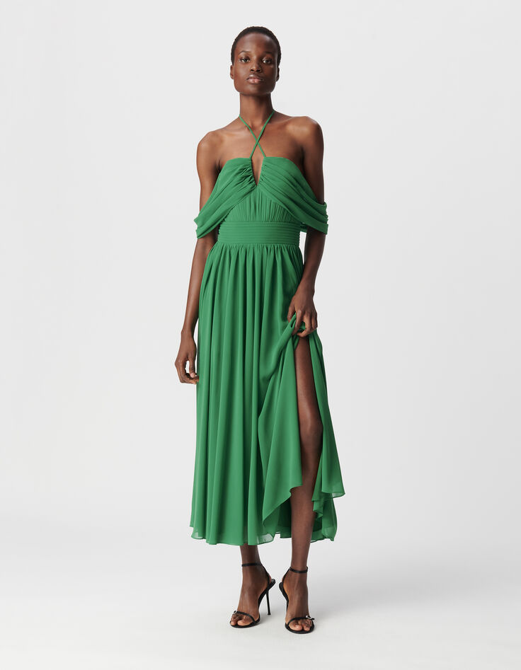 Grünes langes Kleid für Damen mit drapierten Trägern-1
