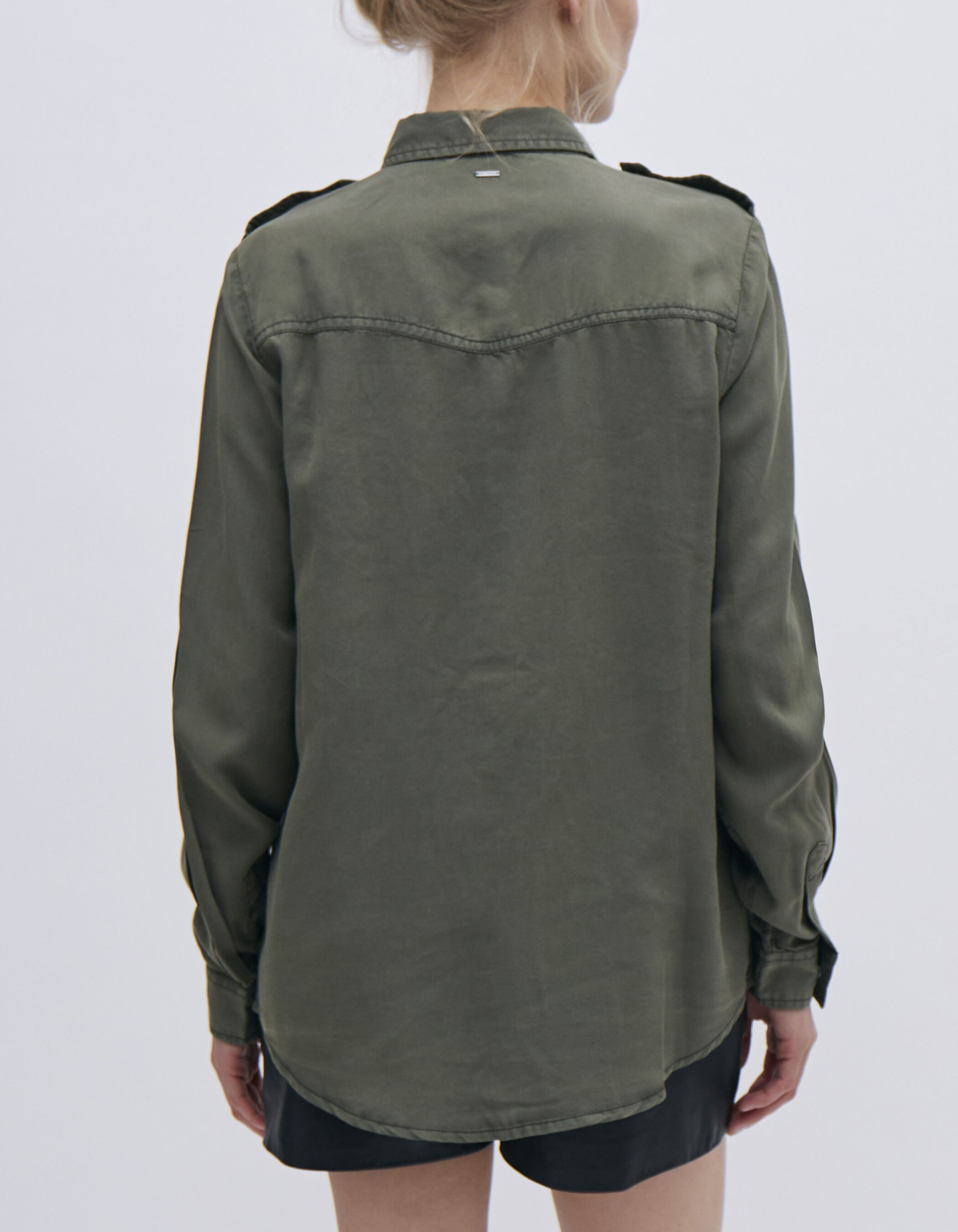 Women s khaki Lyocell shirt with openwork embroidery
