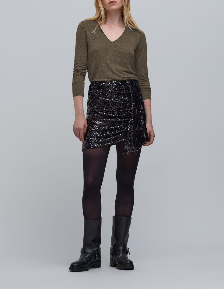 Tee-shirt kaki maille lurex d&eacute;cor gourmettes Femme-1
